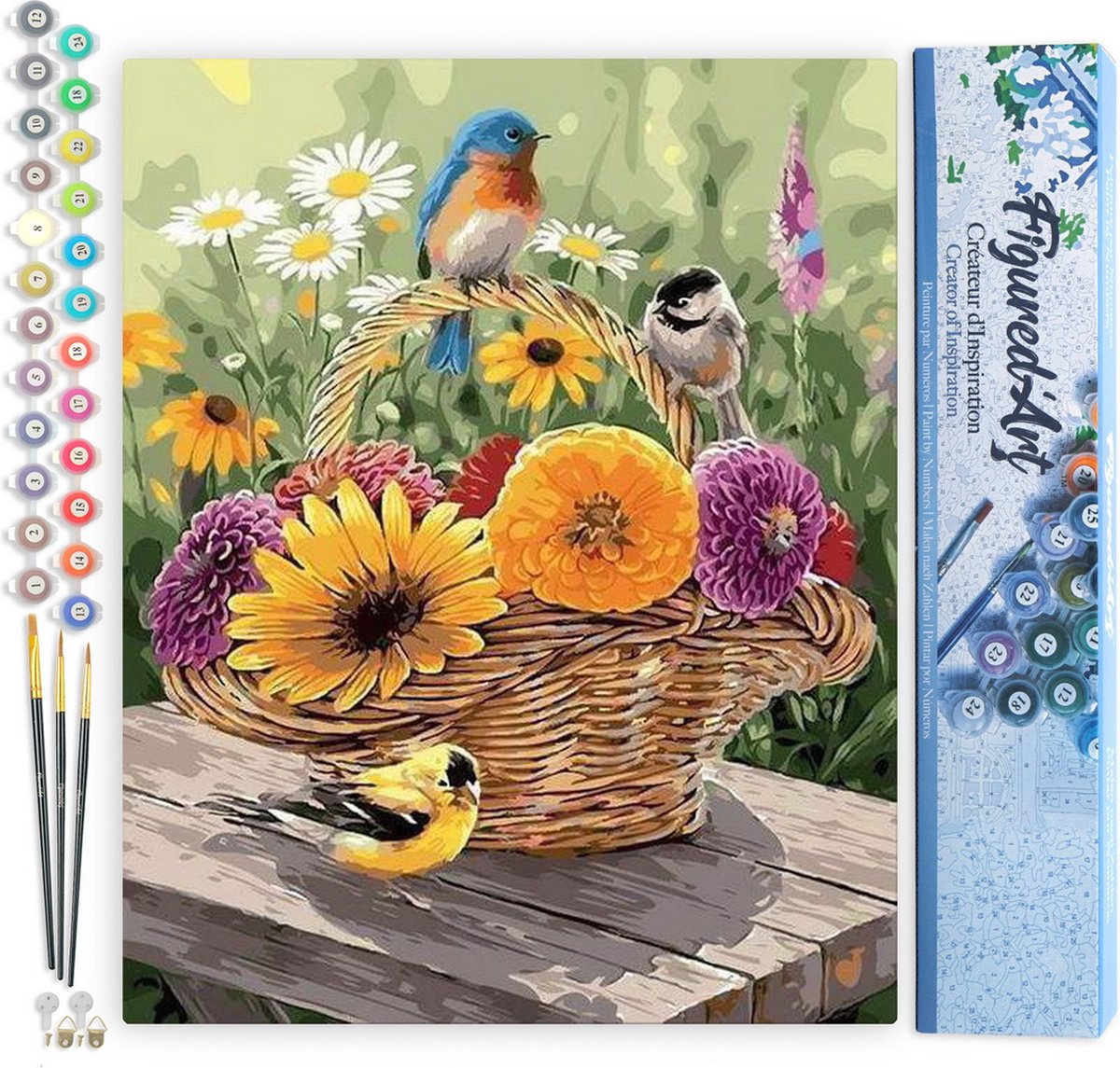 FiguredArt Schilderen op Nummer Volwassenen canvas Bloemen in een mand en vogels - Handwerk acrylverf Kit DIY Compleet - 40x50cm zonder frame